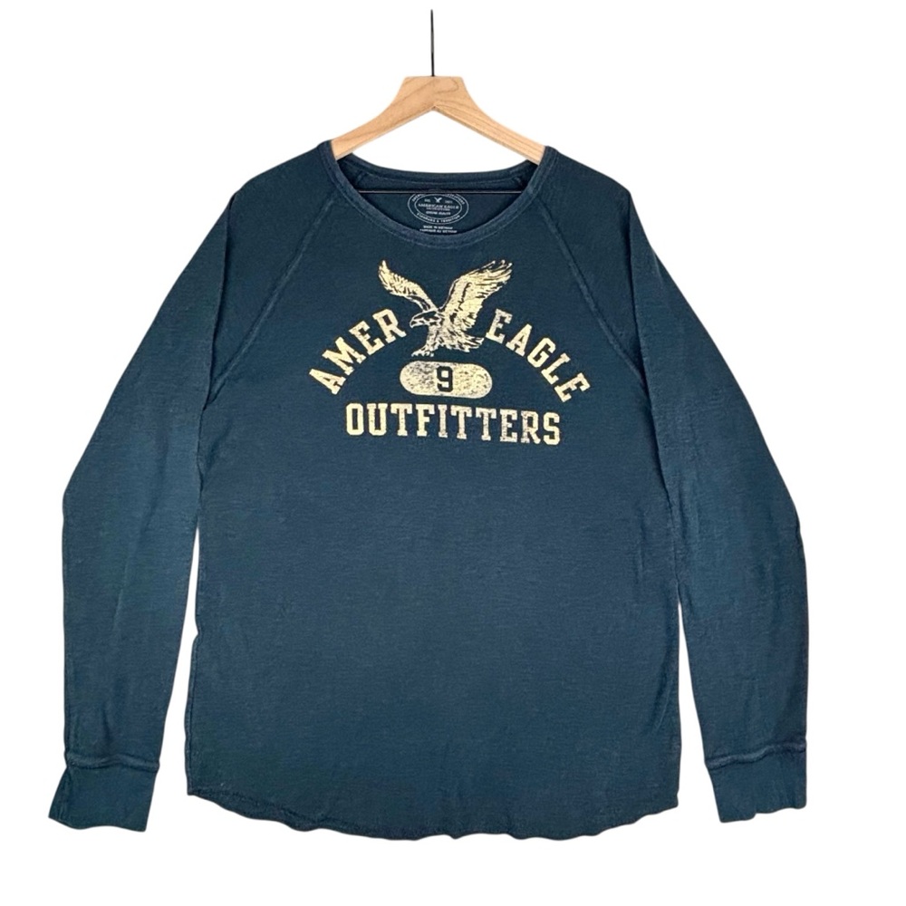 American Eagle Shirt Mens XL Blue Waffle Thermal Spellout Athletic Fit‎ Retro